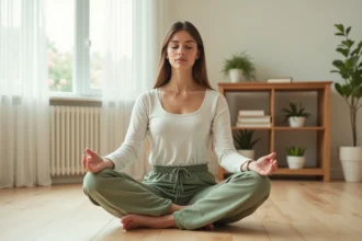 Femme pratiquant la méditation assise sur le sol pour réduire naturellement le cortisol