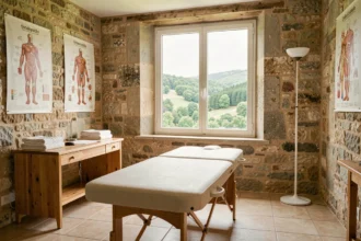 Cabinet d'ostéopathie en Ardèche avec table de soin et vue sur la nature