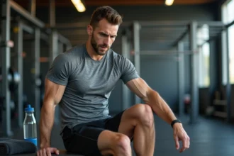 Homme assis sur un banc de musculation après l'effort observant un muscle du mollet qui se contracte tout seul après le sport