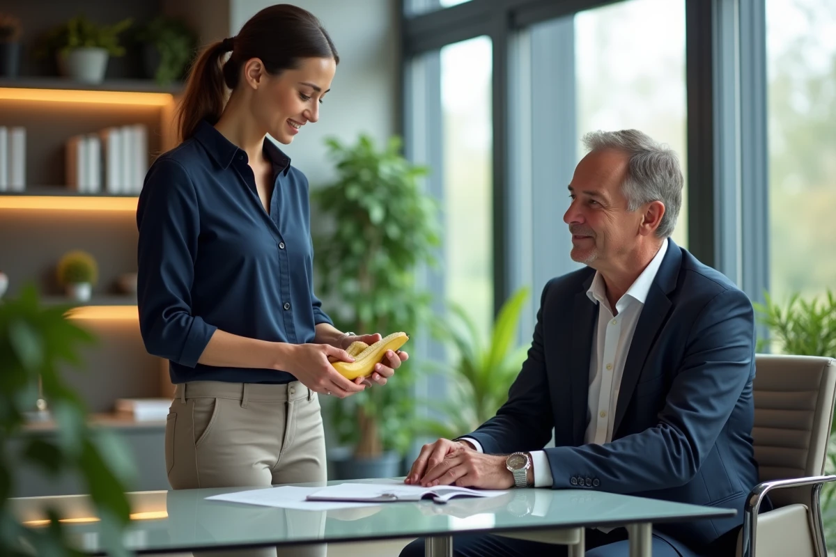 Nutritionniste expliquant la nutrition avec une banane dans un bureau moderne