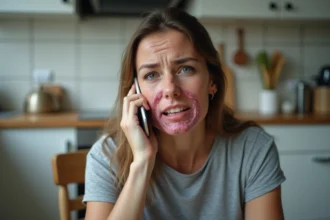 Femme avec gonflement des lèvres dû à un œdème de Quincke appelant les secours depuis sa cuisine