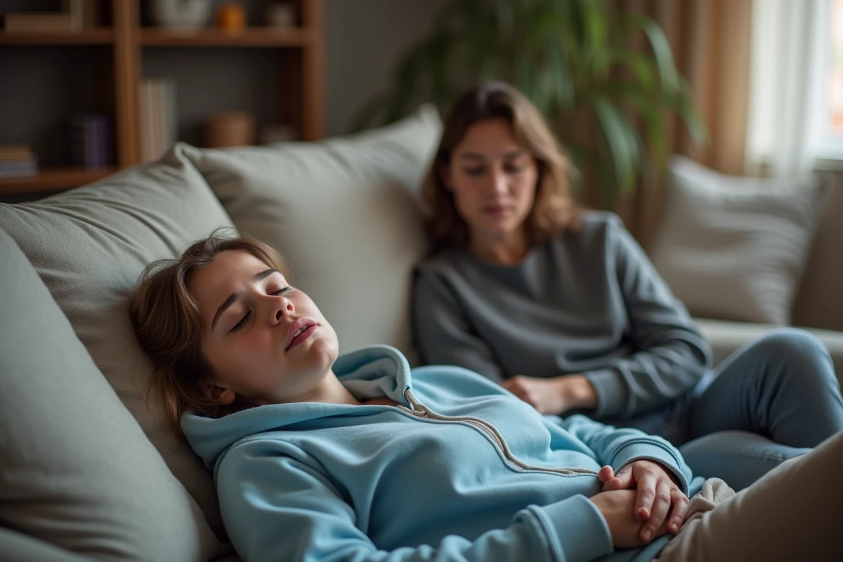 Jeune femme allongée sur un canapé avec œdème de Quincke aux lèvres assistée par un proche en attendant les secours