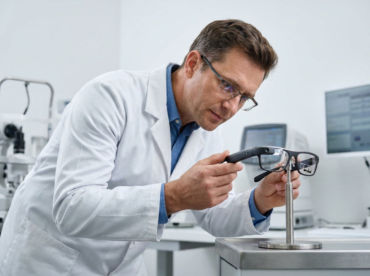 Opticien examinant des lunettes intelligentes à capteurs de fatigue oculaire dans une clinique ophtalmologique