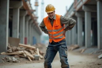 Ouvrier du BTP souffrant de douleurs lombaires sur un chantier de construction, illustrant le tableau 57 des maladies professionnelles du dos