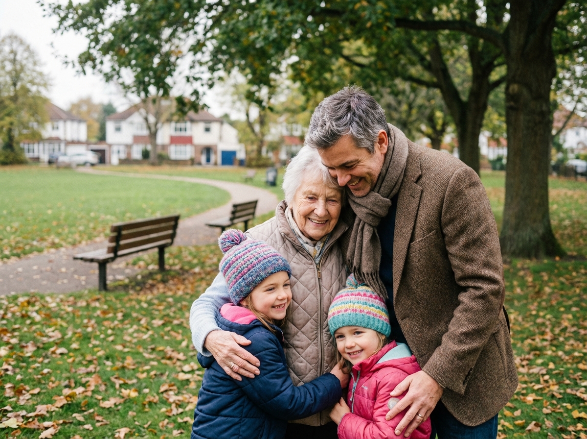 Père embrassant sa mère et ses filles dans un parc automnal