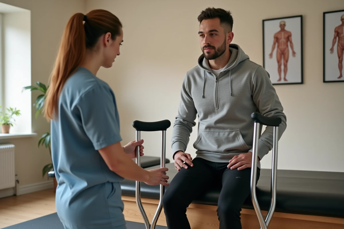 Patient en rééducation avec un kinésithérapeute réglant la hauteur d'une béquille en cabinet