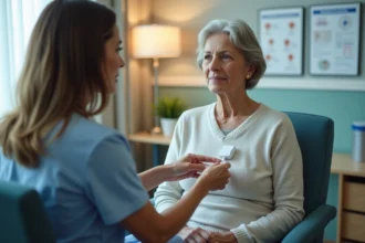 Femme d'âge moyen avec portacath en consultation hospitalière