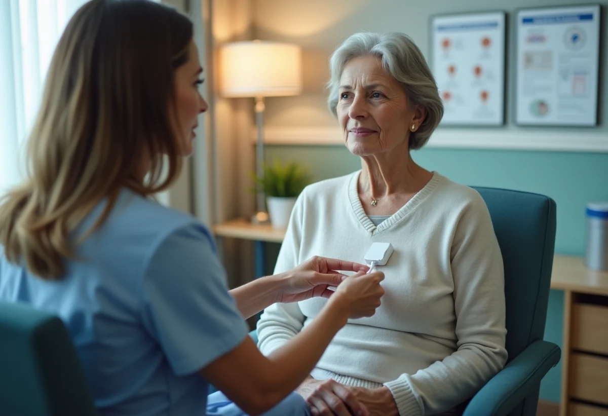 Femme d'âge moyen avec portacath en consultation hospitalière