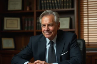 Homme en costume sombre assis à un bureau en bois dans un bureau professionnel, expression calme et introspective évoquant une personnalité publique confrontée à une épreuve personnelle