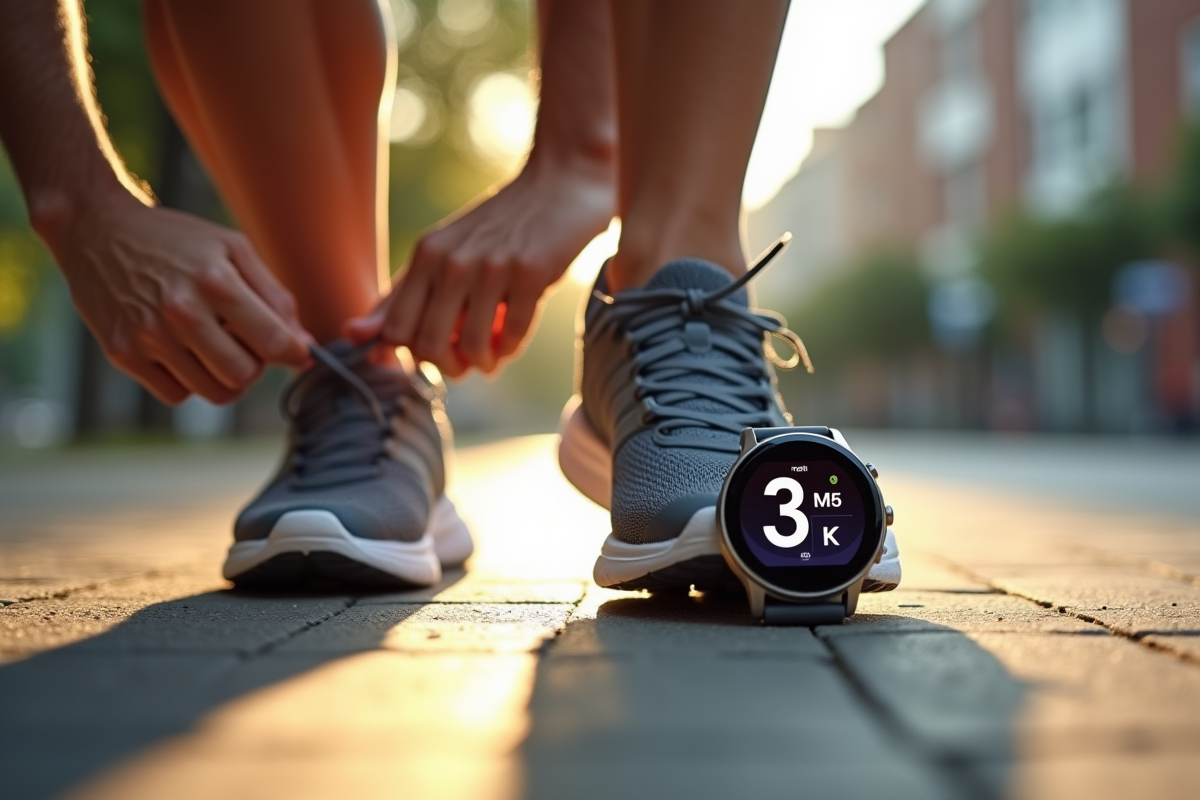 Personne attachant ses chaussures de course avec montre connectée