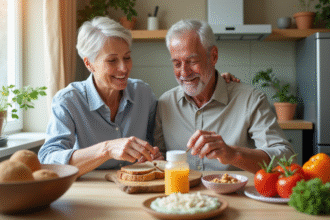 Couple senior préparant un petit déjeuner sain dans une cuisine lumineuse