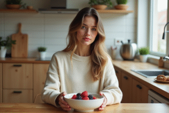 Jeune femme prépare un bol de flocons d'avoine dans une cuisine chaleureuse