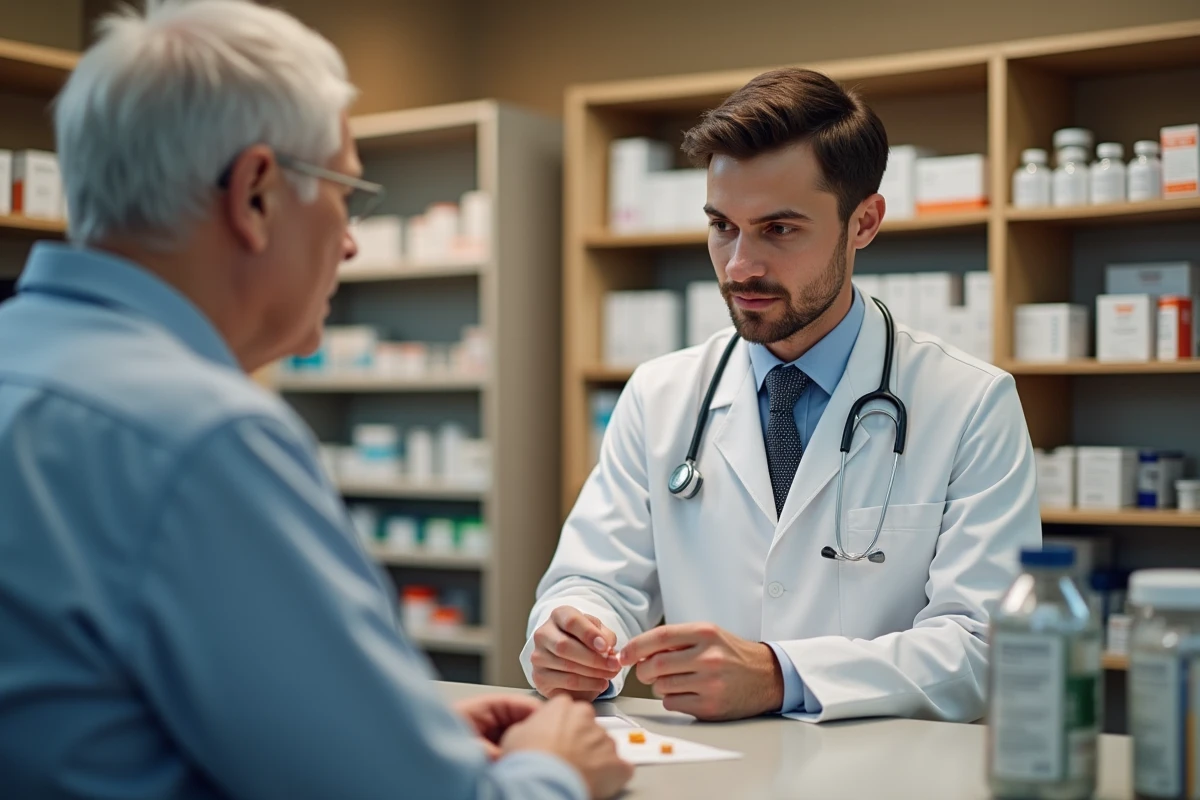 Jeune pharmacien expliquant un médicament à un client âgé