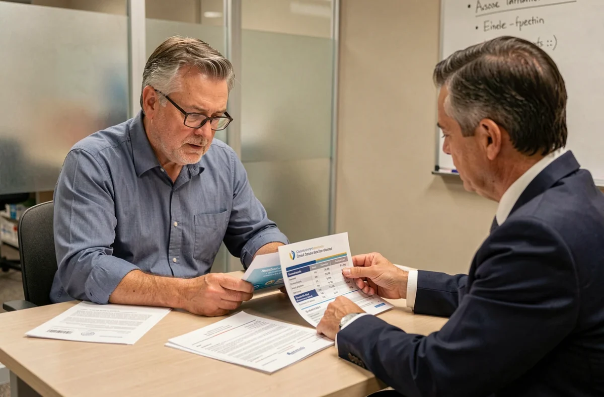 Propriétaire de pharmacie discutant des prix et contrats avec un représentant commercial