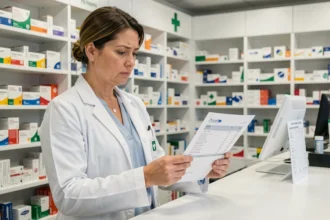 Pharmacienne examinant une liste de prix du système Indiva dans une officine moderne