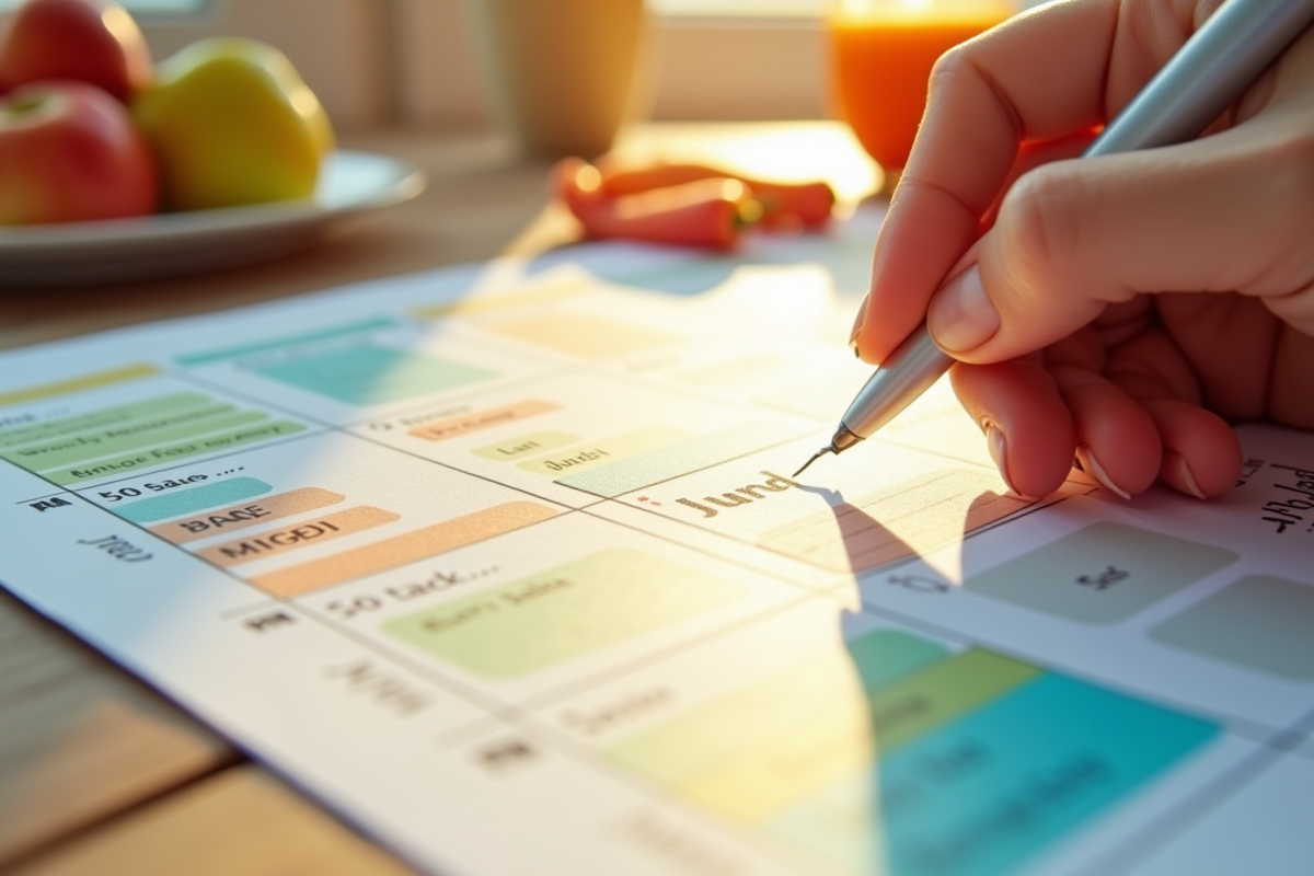 Main barrent des aliments malsains sur un planificateur de repas