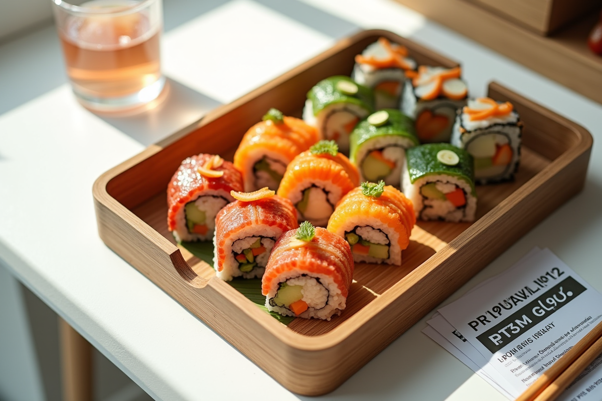 Plateau de sushis végétariens sur plan de travail blanc