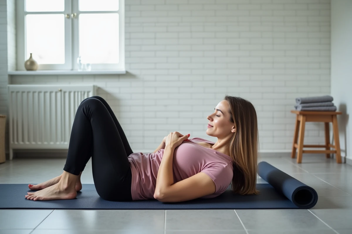 Femme sur tapis de yoga effectuant une position genoux-poitrine pour soulager rapidement la sciatique