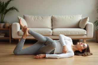 Femme allongée sur le sol effectuant un étirement de la piriformis pour soulager la sciatique en 60 secondes