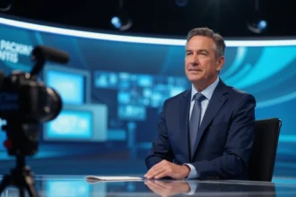 Présentateur de journal télévisé en studio pendant une situation de crise, chaîne d'information en continu