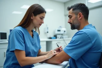 Infirmière prélevant un échantillon de sang sur un patient dans un cabinet médical pour une analyse sanguine TCMH