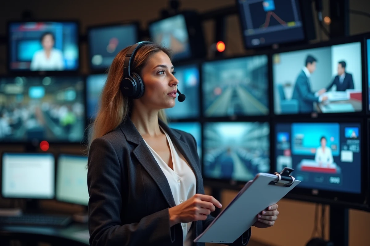 Productrice de chaîne d'information en salle de contrôle gérant une situation imprévue en direct