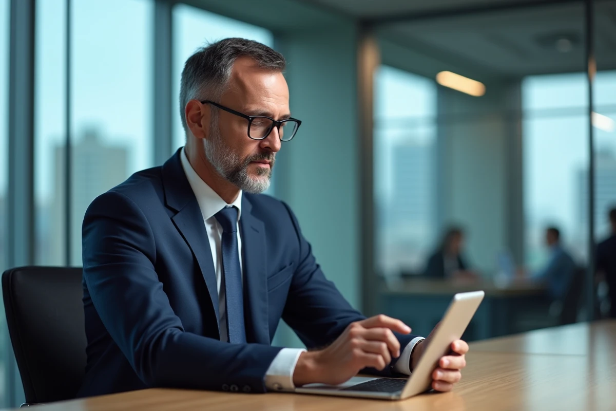 Homme d affaires en costume bleu examine des données de santé