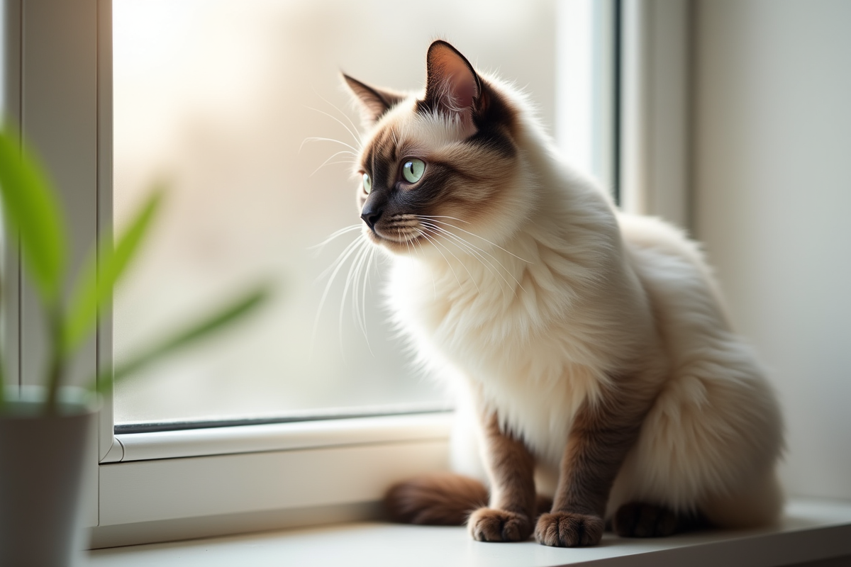 Profil d un chat Balinais sur la fenêtre en lumière naturelle