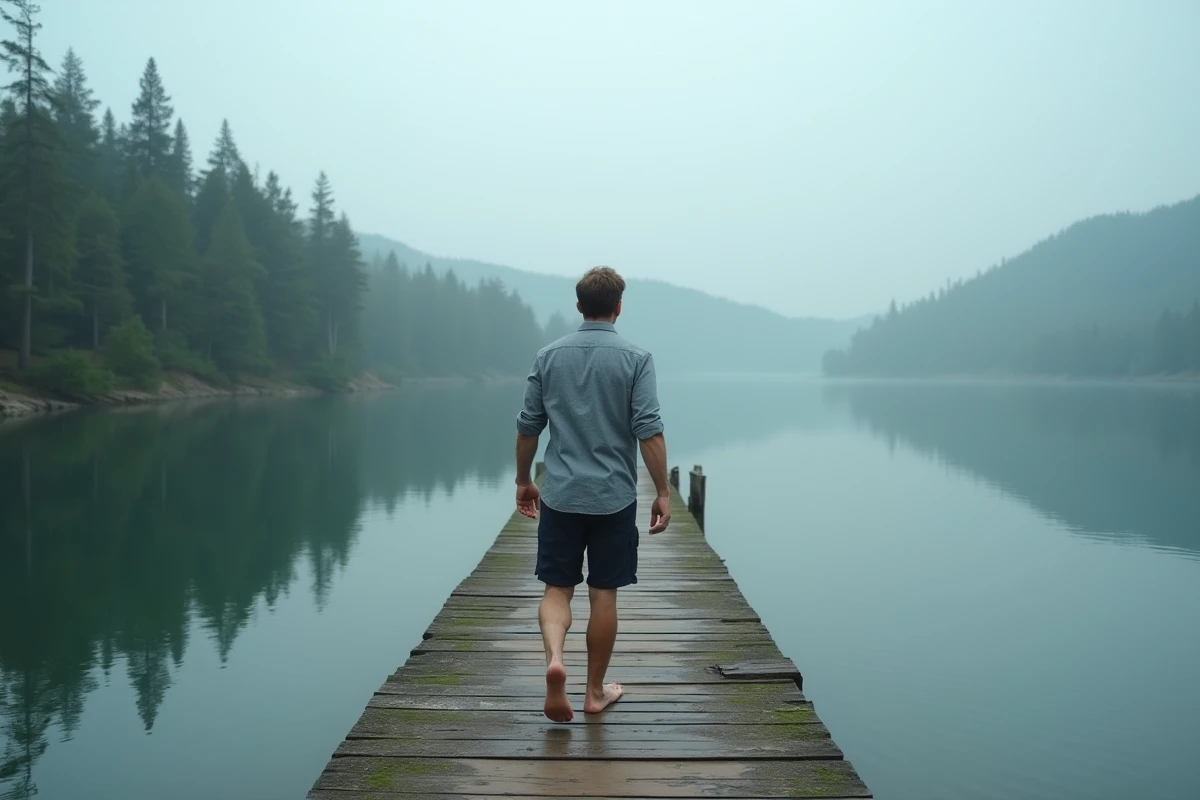 Homme se promenant en pleine nature au bord d'un lac pour diminuer le stress et le cortisol