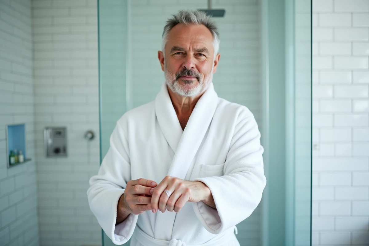Homme dans une salle de bain protégeant un doigt avec un ongle arraché à l'aide d'un protège-doigt imperméable avant de prendre une douche