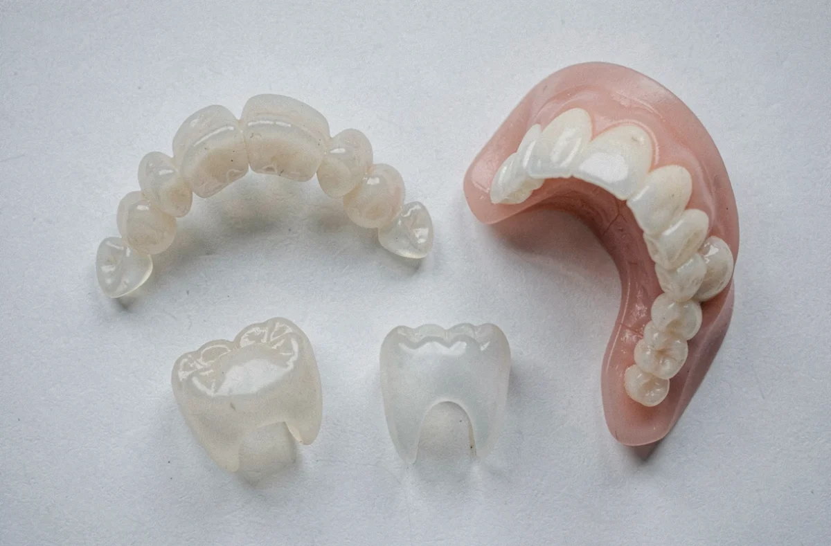 Vue rapprochée de prothèses dentaires imprimées en 3D incluant bridges, couronnes et modèles d'étude en résine translucide sur surface blanche