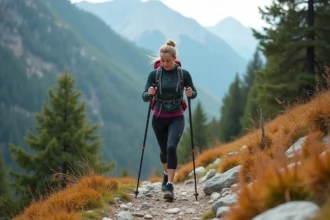 Femme en randonnée sur un sentier de montagne rocailleux avec bâtons de marche, entourée de pins et d'une vue panoramique sur une vallée alpine