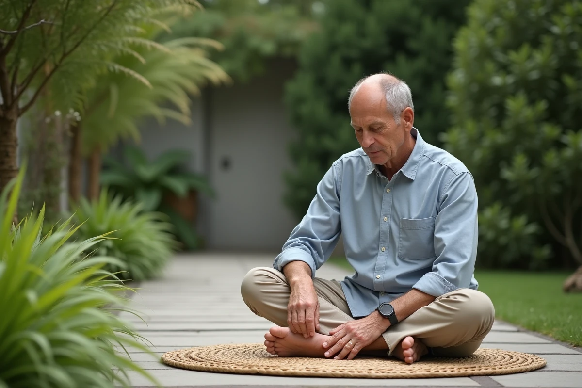 Homme en réflexologie dans un jardin paisible et verdoyant