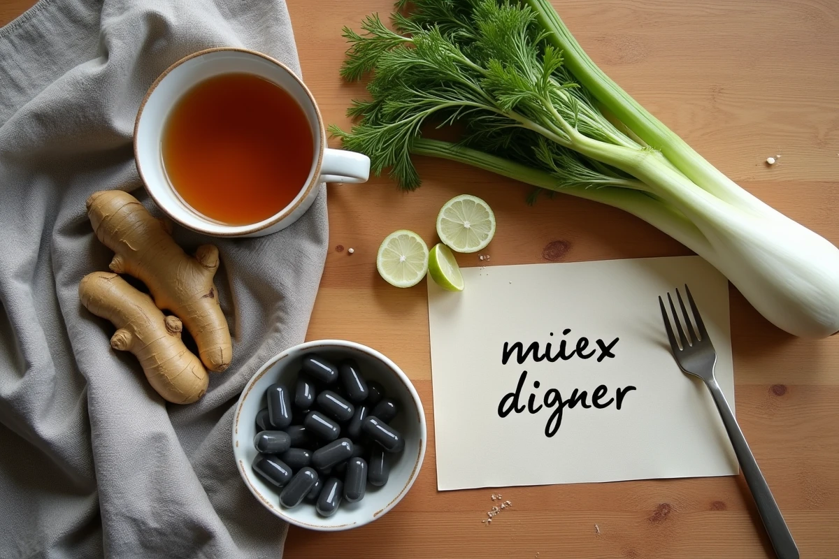 Vue du dessus d'une table avec tisane, gingembre, fenouil et remèdes naturels pour améliorer la digestion et réduire les gaz