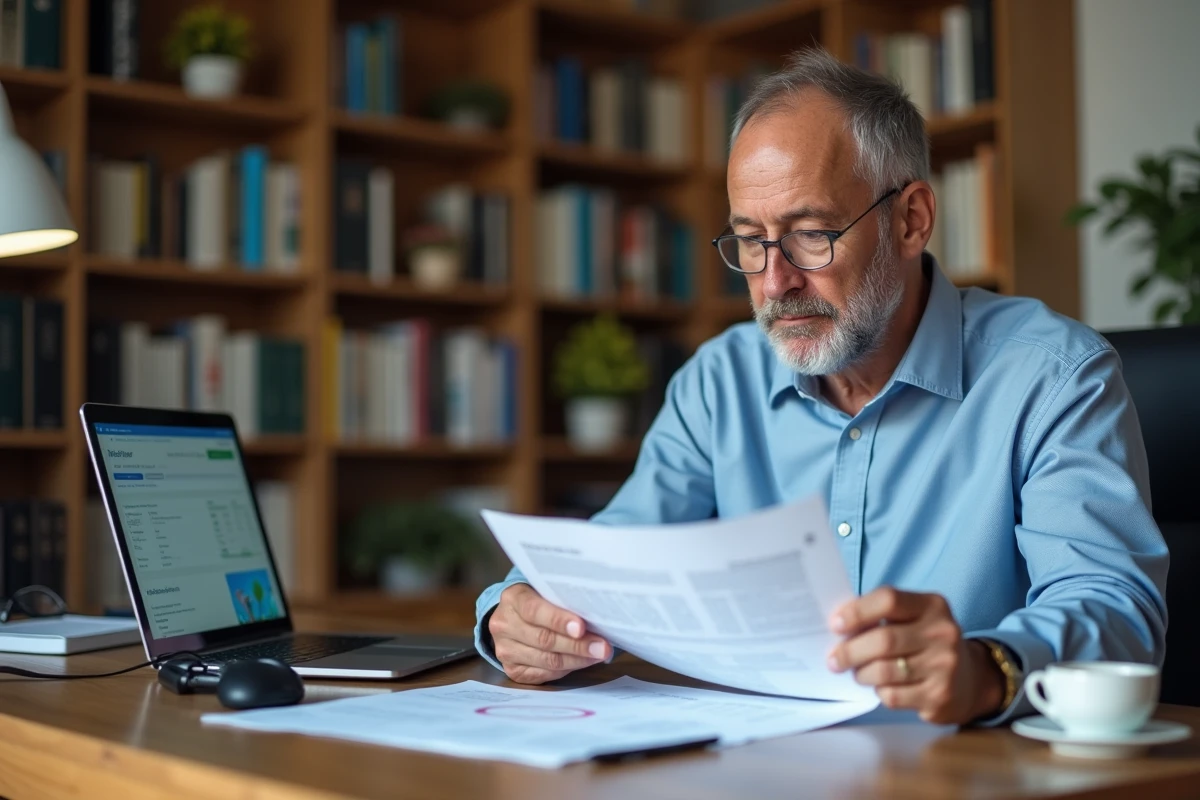 Homme consultant ses résultats d'analyse de la fonction hépatique incluant les Gamma GT à son bureau à domicile