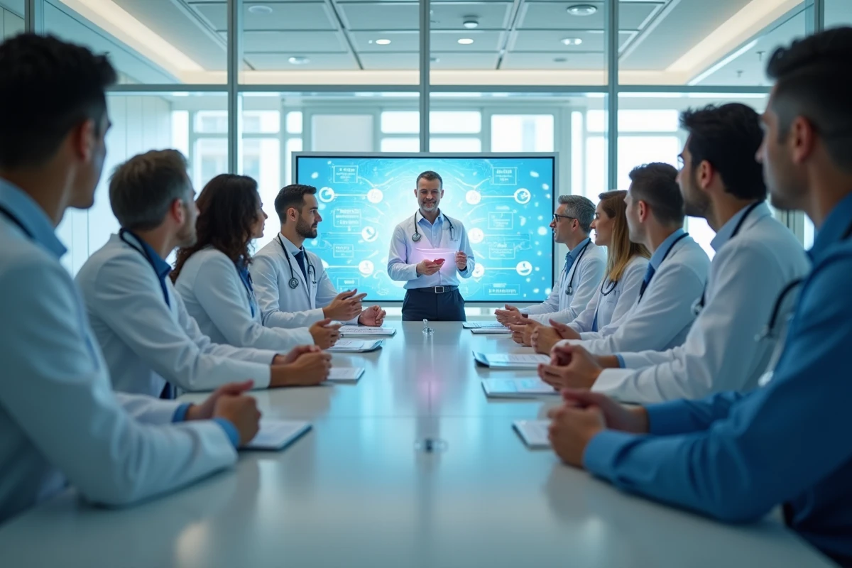 Professionnels de santé discutant autour d un écran d ehealth