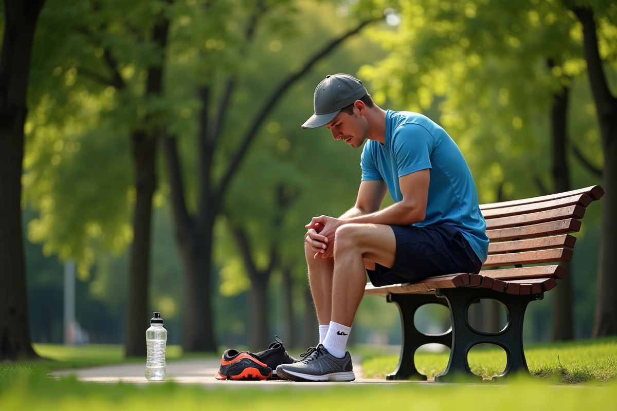 Coureur assis sur un banc de parc se massant les jambes après course