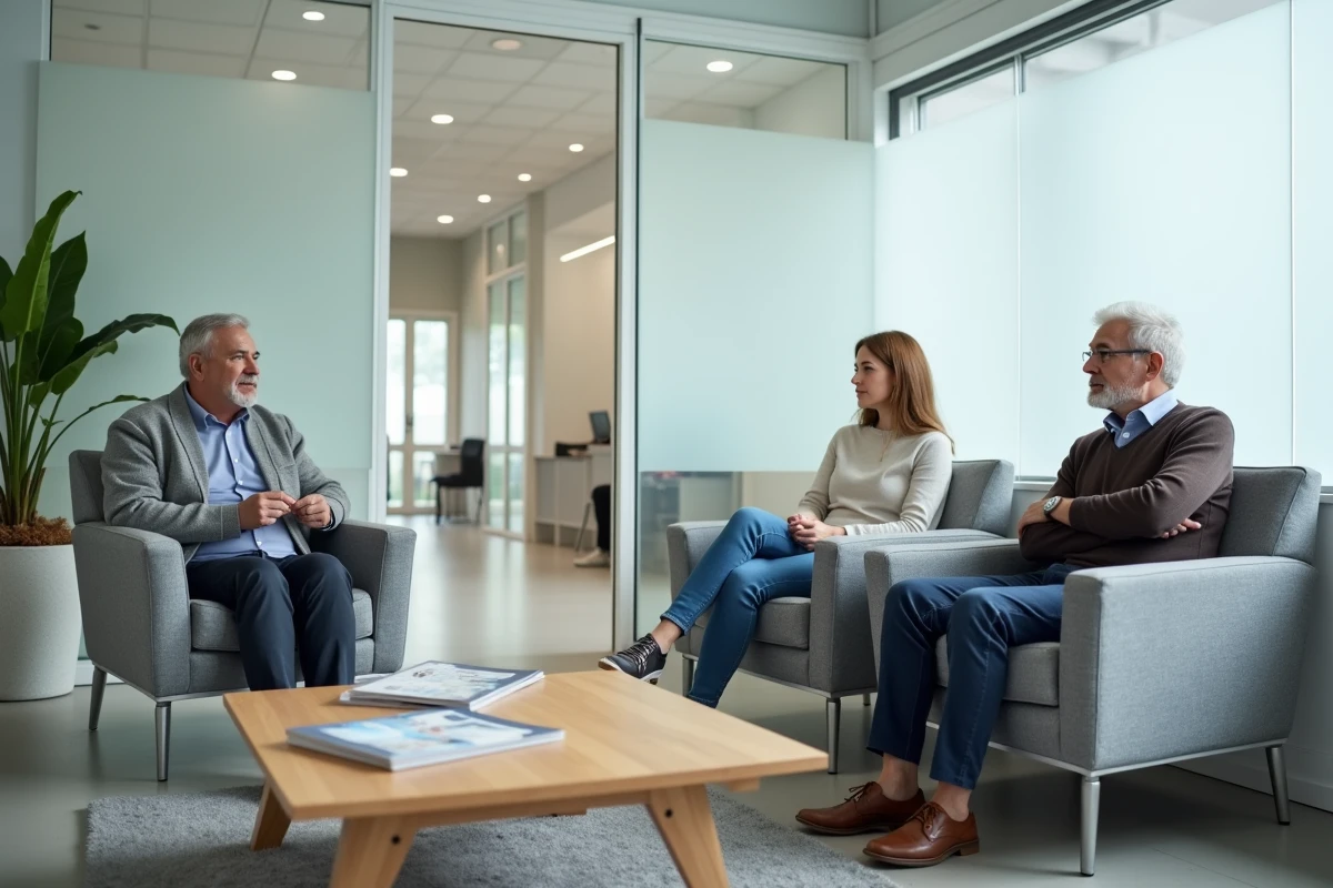 Salle d'attente d'une maison médicale moderne avec plusieurs patients attendant leur consultation