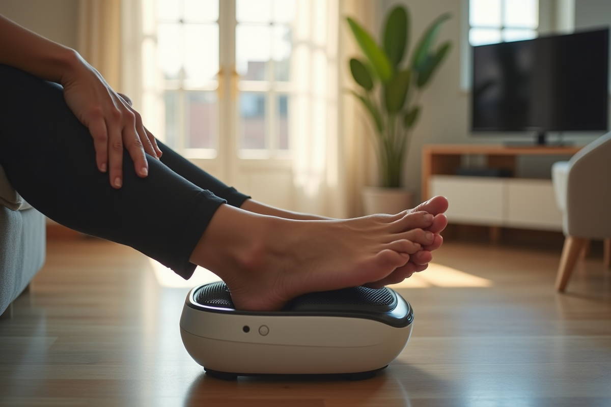 Salon moderne avec personne utilisant un masseur de pieds