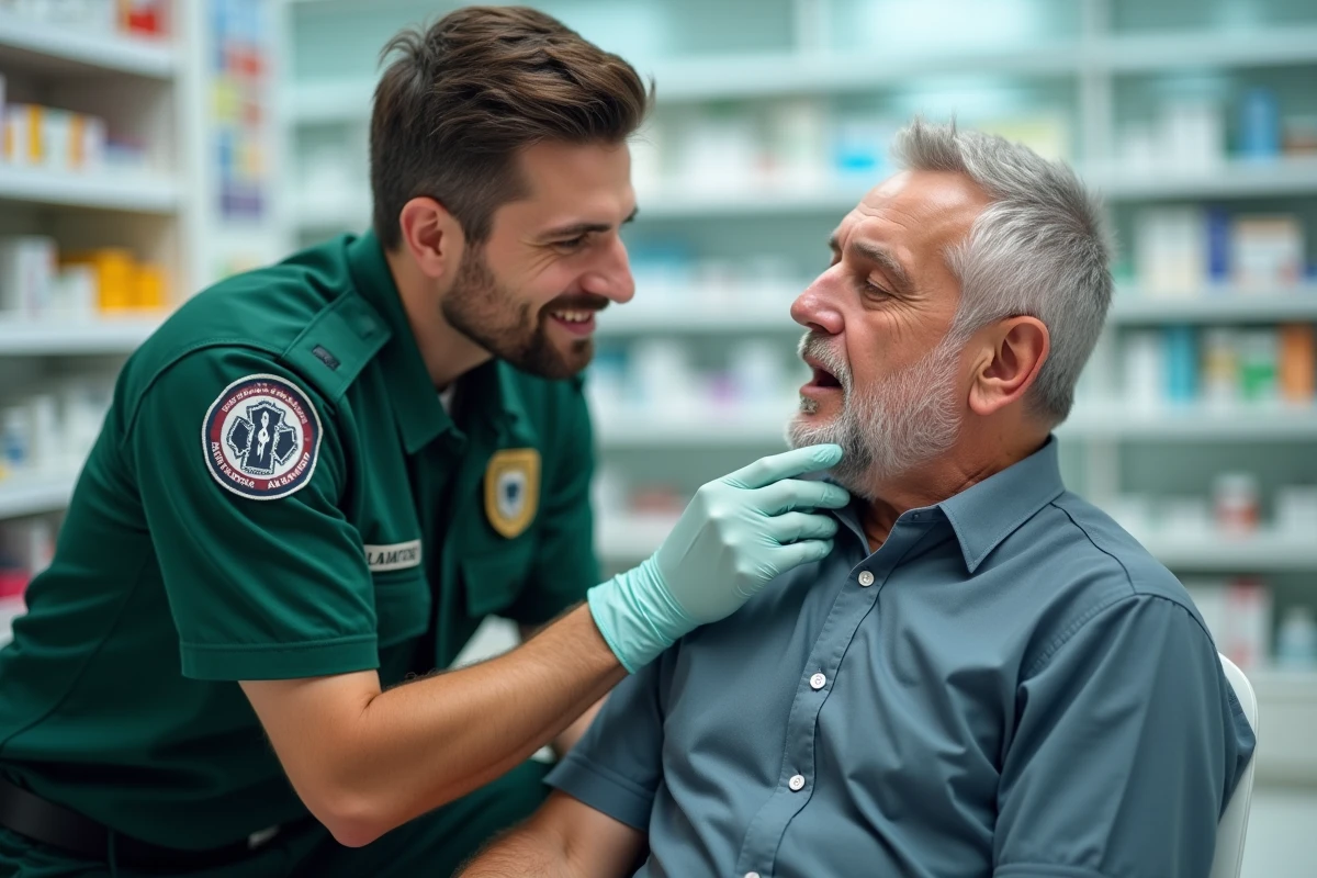 Secouriste examinant un patient présentant un gonflement des lèvres par œdème de Quincke dans une pharmacie
