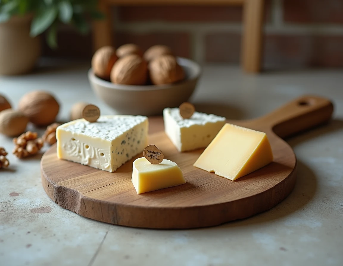 Sélection de fromages adaptés aux diabétiques disposés sur une planche en bois avec étiquettes, vue de dessus