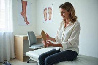 Femme tenant une semelle orthopédique sur mesure pour épine calcanéenne chez un podologue