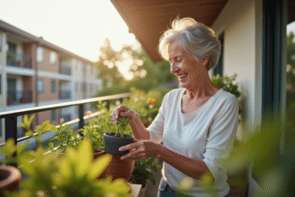 Femme senior arrosant ses plantes sur un balcon lumineux