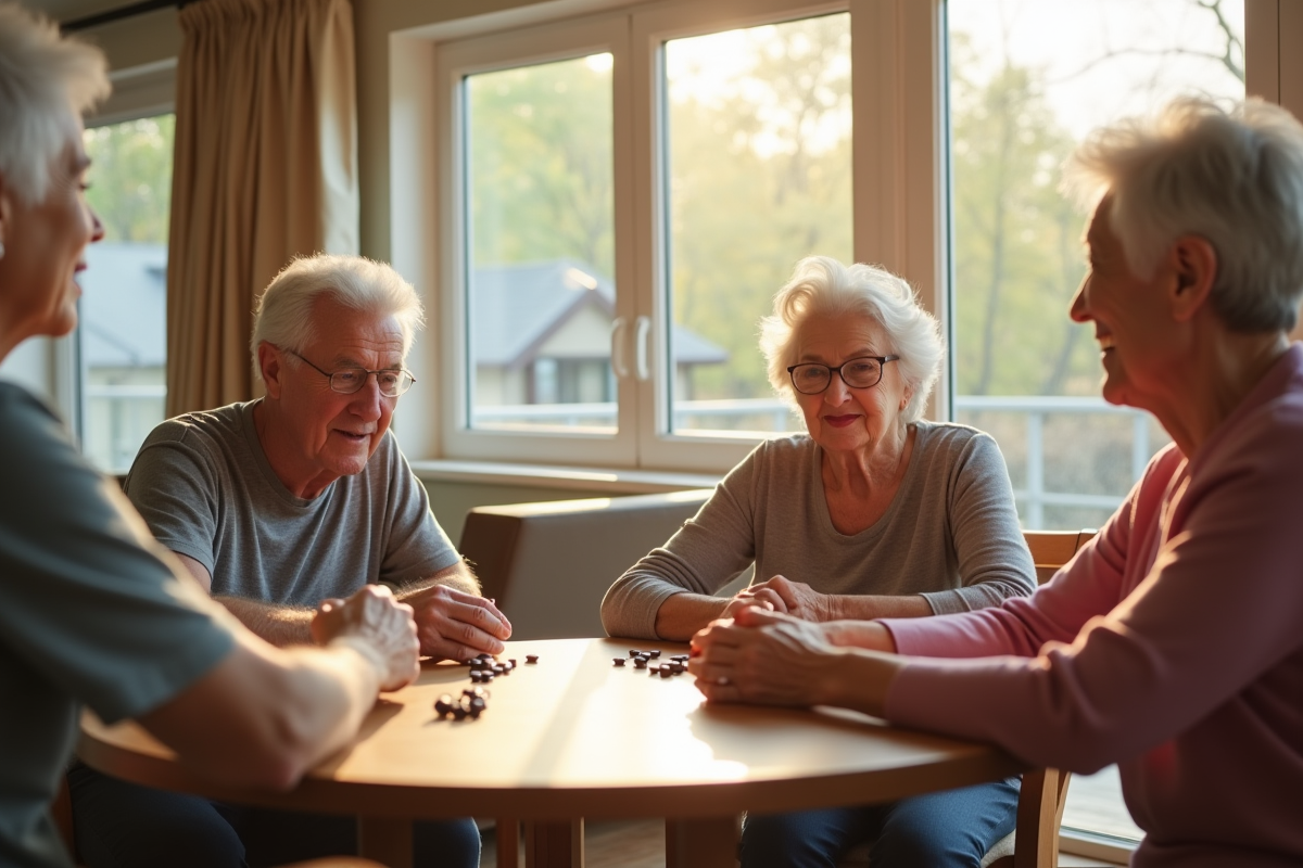 Groupe de seniors jouant à des jeux de société dans un salon lumineux