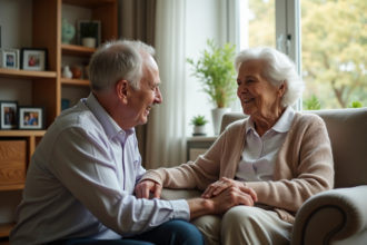 Femme âgée en cardigan pastel dans un salon lumineux