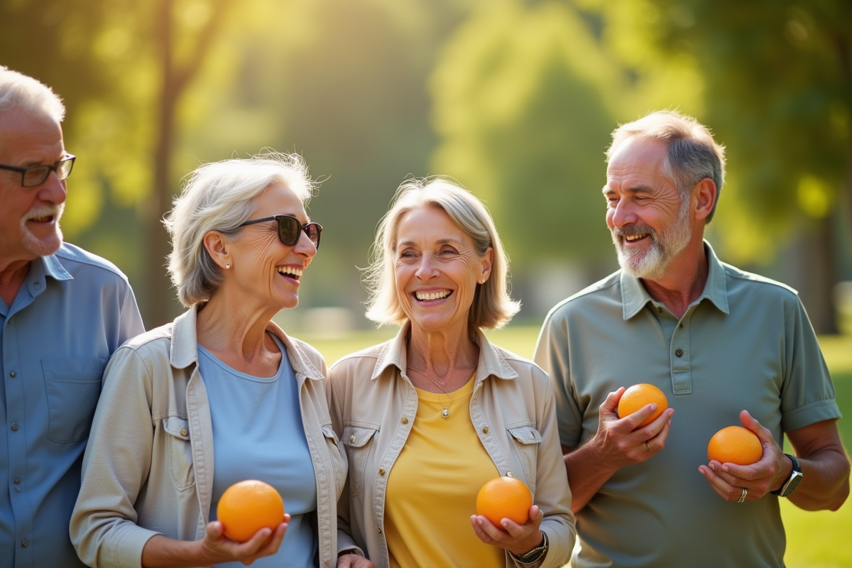 Groupe de seniors marchant dans un parc ensoleille