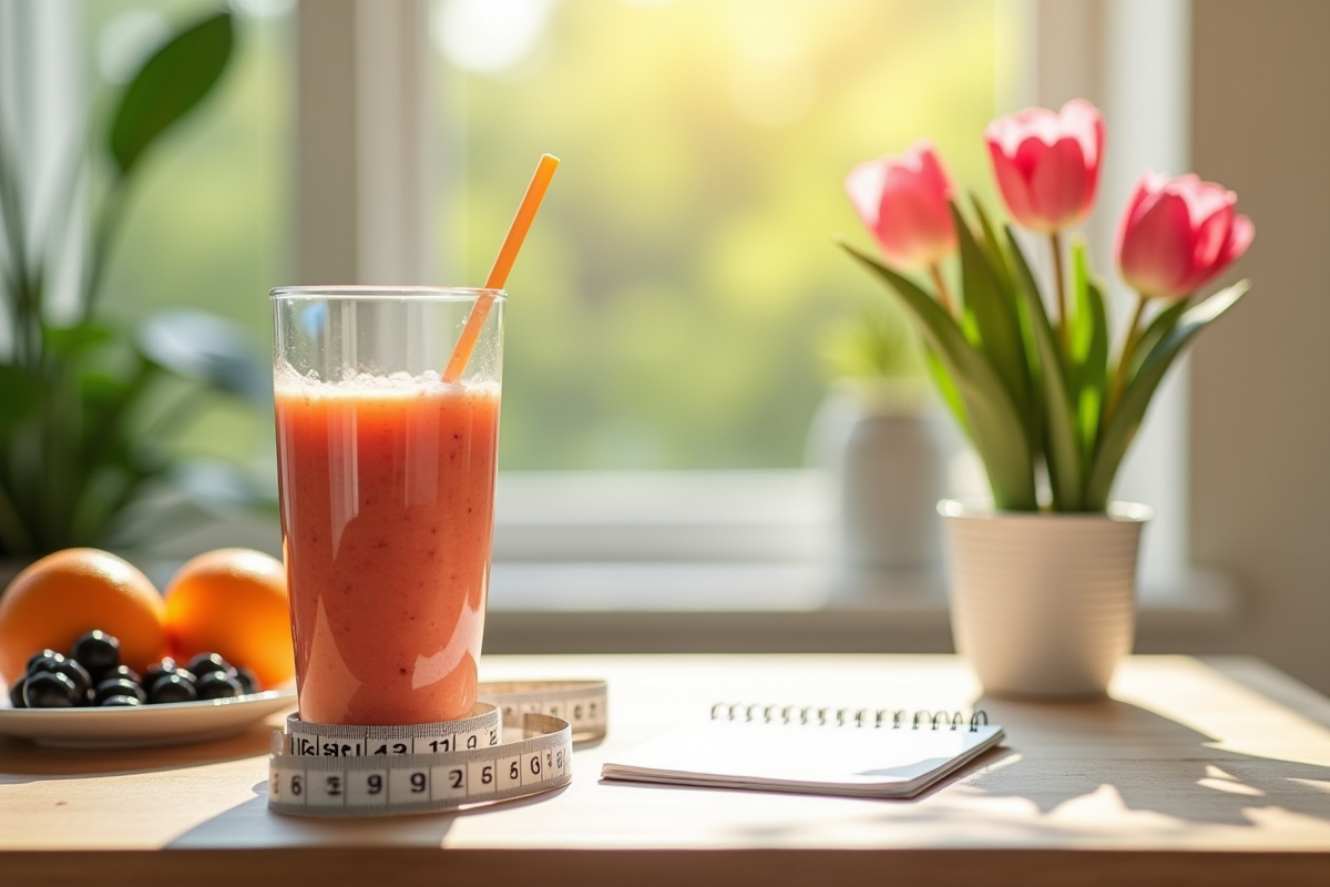 Smoothie fruité avec mètre ruban et plan de perte de poids