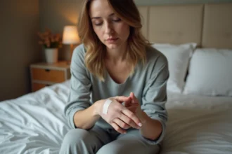 Femme enroulant un bandage autour d'un doigt blessé avec un ongle arraché, assise sur le bord d'un lit, ambiance chambre à coucher apaisante
