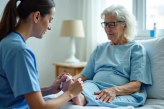 Femme âgée en gown hospitalier recevant un soin de pression