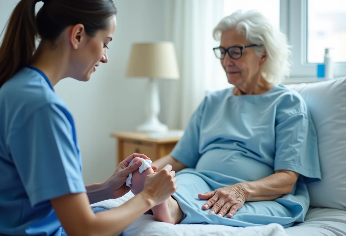 Femme âgée en gown hospitalier recevant un soin de pression